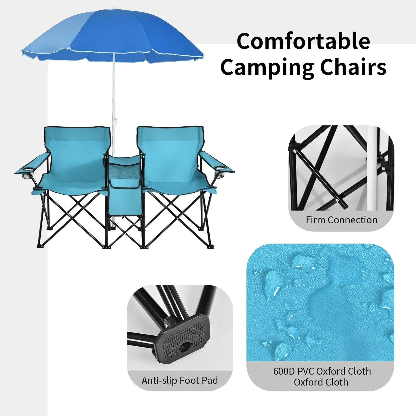 Folding Portable Picnic Double Chair W/Umbrella Table Cooler Beach Camping
