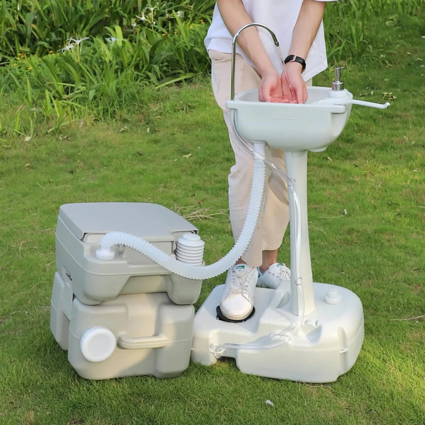 Portable Sink and Toilet Combo, 5 Gallon Hand Washing Station & 5.3 Gallon Flushing Toilet for Outdoor Camping RV Travel Boat