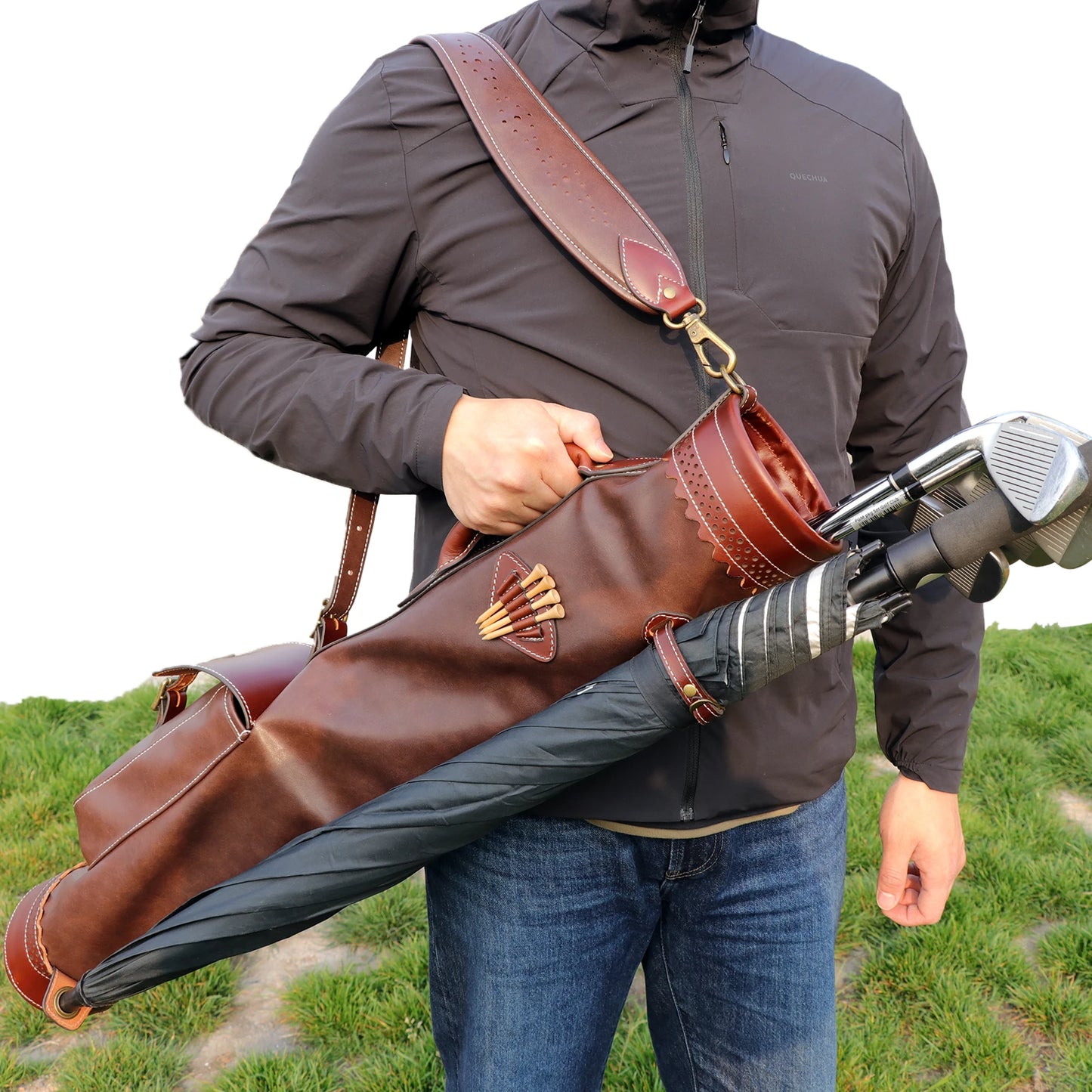 Tourbon Microfiber Leather Golf Club Carry Bag Vintage Pencil Style Sunday Bag for Driving Range Outdoor Brown
