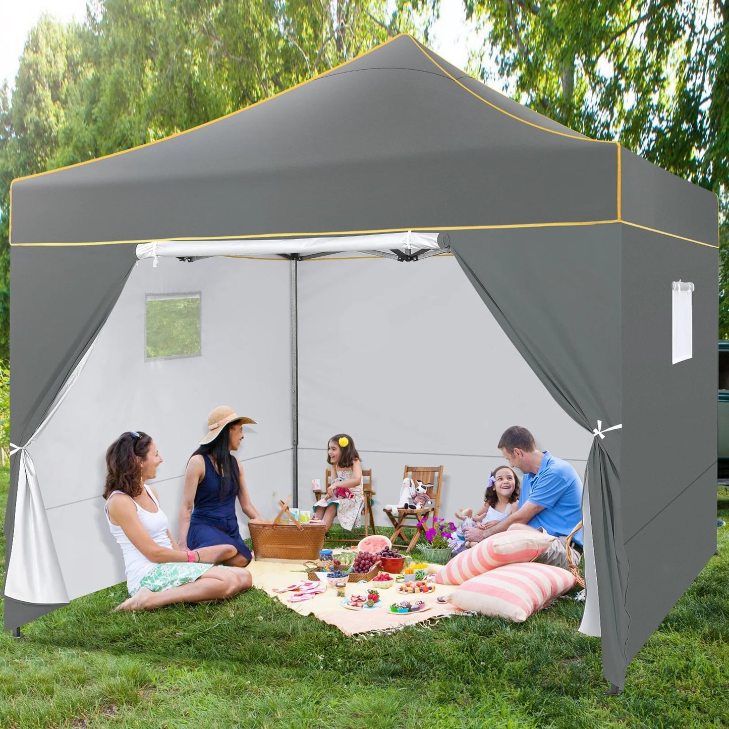 10x10FT Pop Up Canopy Tent Commercial Heavy Duty Instant Canopy with 4 Sidewalls, UV 50+ Silver Coated Waterproof Vendor