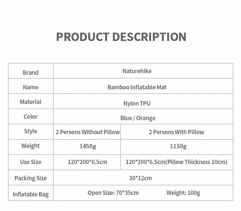 Naturehike Outdoor Camping Mat Ultralight Inflatable mattressTent Sleeping Pad Portable Hiking Air Mattress Picnic Pad Air Mat