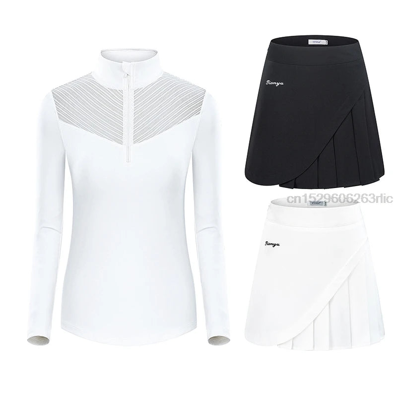 Golf Women T-Shirt + Skirt Lady Sportswear Sexy Lace Golf Wear Gym Slim Zipper Neck Shirt Pleated Skirt Set Golf Clothing Suit