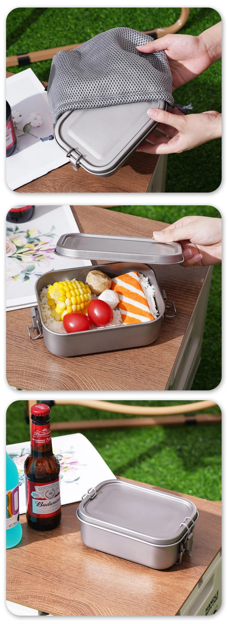 Titanium Lunch Box with Lid and Folding Handle Leak Proof Lightweight Outdoor Camping for Backpacking Hiking Picnic Travel