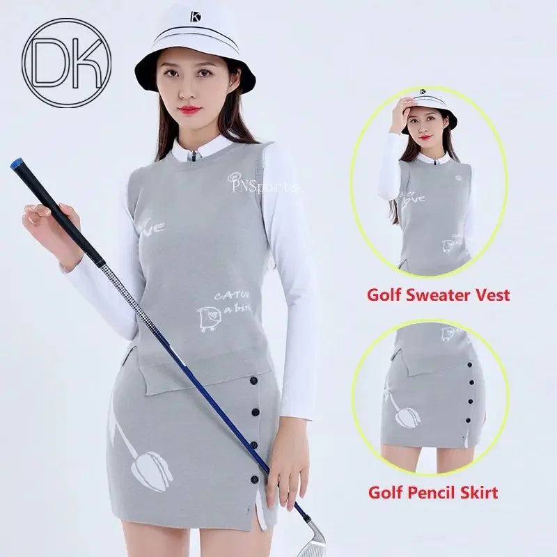 DK Golf Apparel Women's Autumn Winter Knitted Vest Round Neck Sweater Tops Ladies Slim Split Sports Skirt Warm Pencil Skort Suit