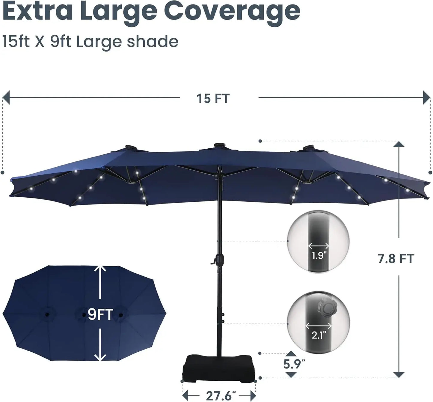 15ft Large Patio Umbrella with Solar Lights, Double-Sided Outdoor Market Rectangle Umbrellas with 36 LED Lights, Umbrella Base