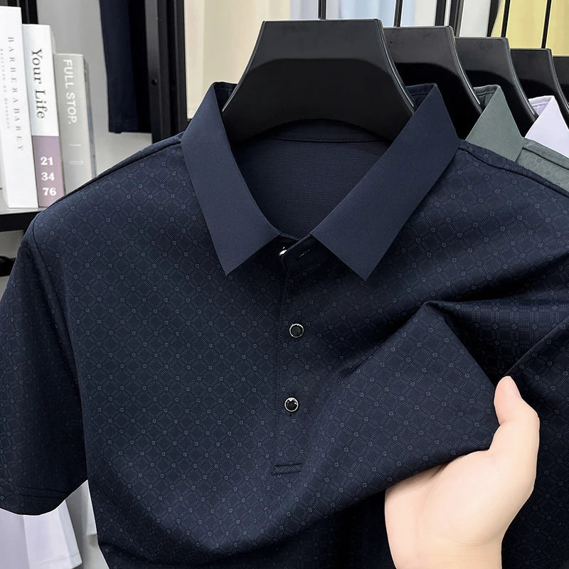 2026 Summer Old Money Style Men Polo Tee Subtle Linear Pattern Cool Touch Anti-Wrinkle Daily Golf Casual Short Sleeve Polo Shirt