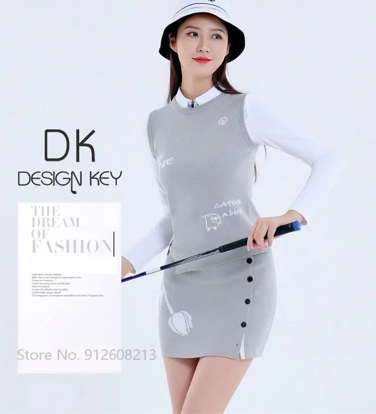 DK Golf Apparel Women's Autumn Winter Knitted Vest Round Neck Sweater Tops Ladies Slim Split Sports Skirt Warm Pencil Skort Suit