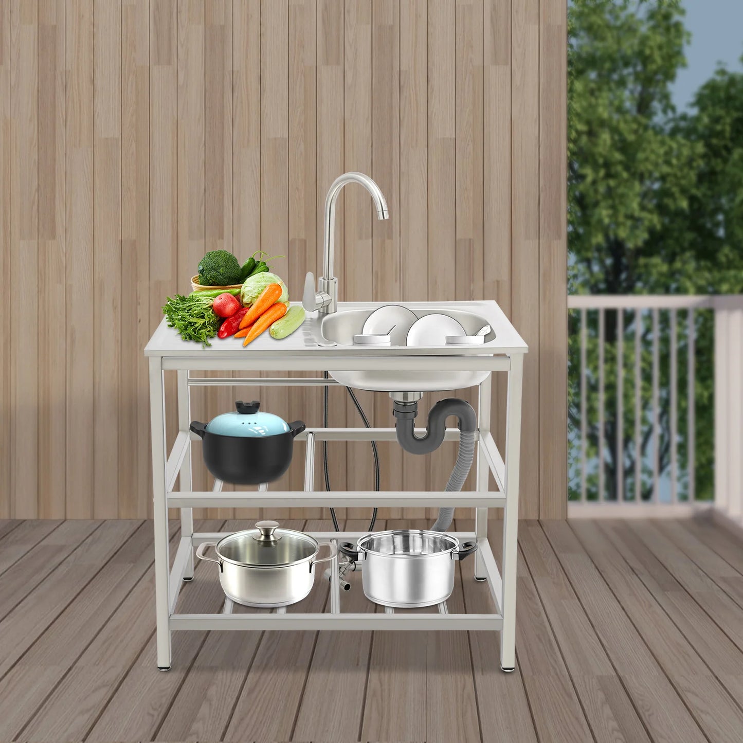 Outdoor Stainless Steel Sink Freestanding Portable Kitchen Sink with Faucet and Storage Rack for Backyard Balcony Camping RV