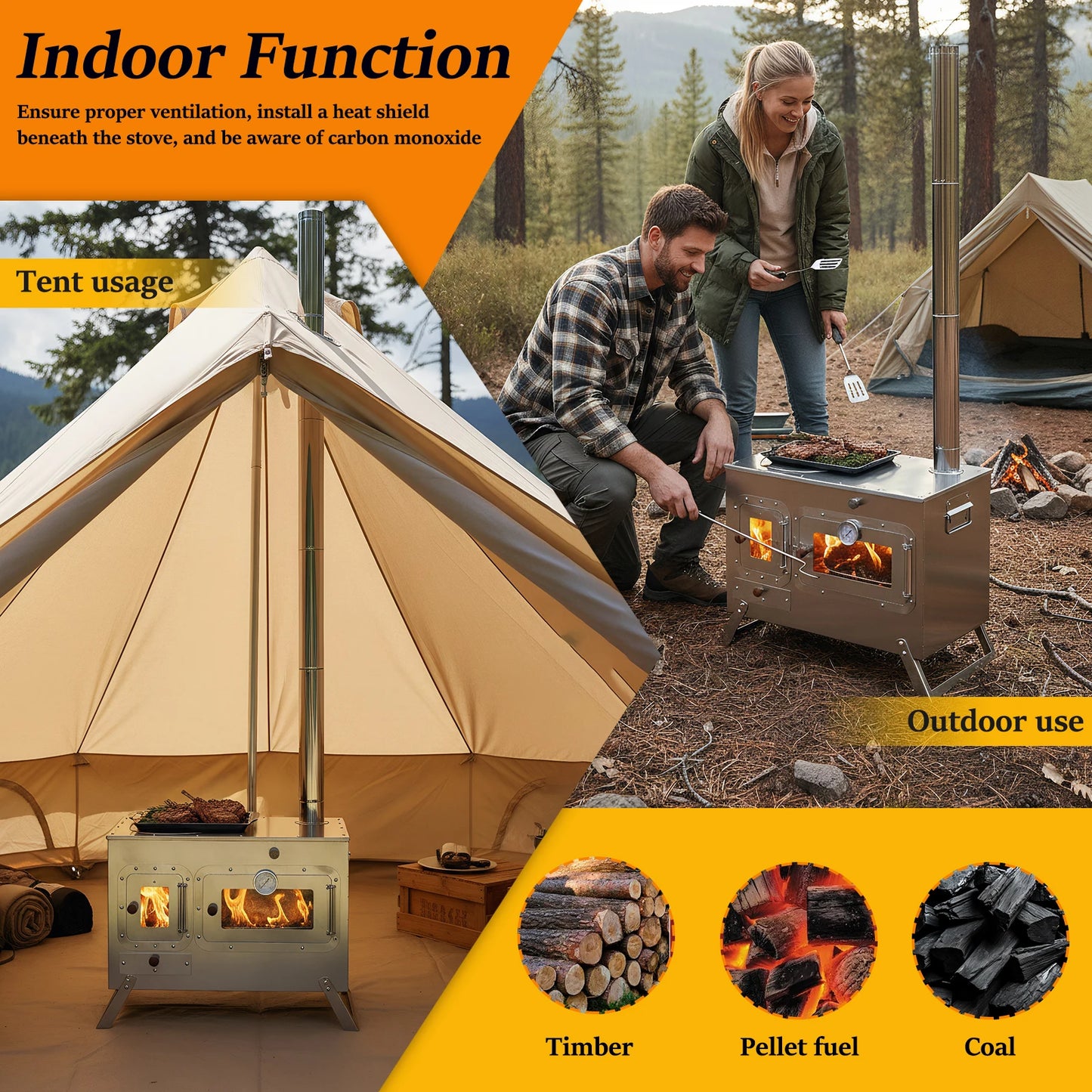Hot Tent Stove with 4 Chimney Pipe Wood Burning Tent Stove Stainless Steel for Outdoor Heating & Cooking Ice Fishing Hunting