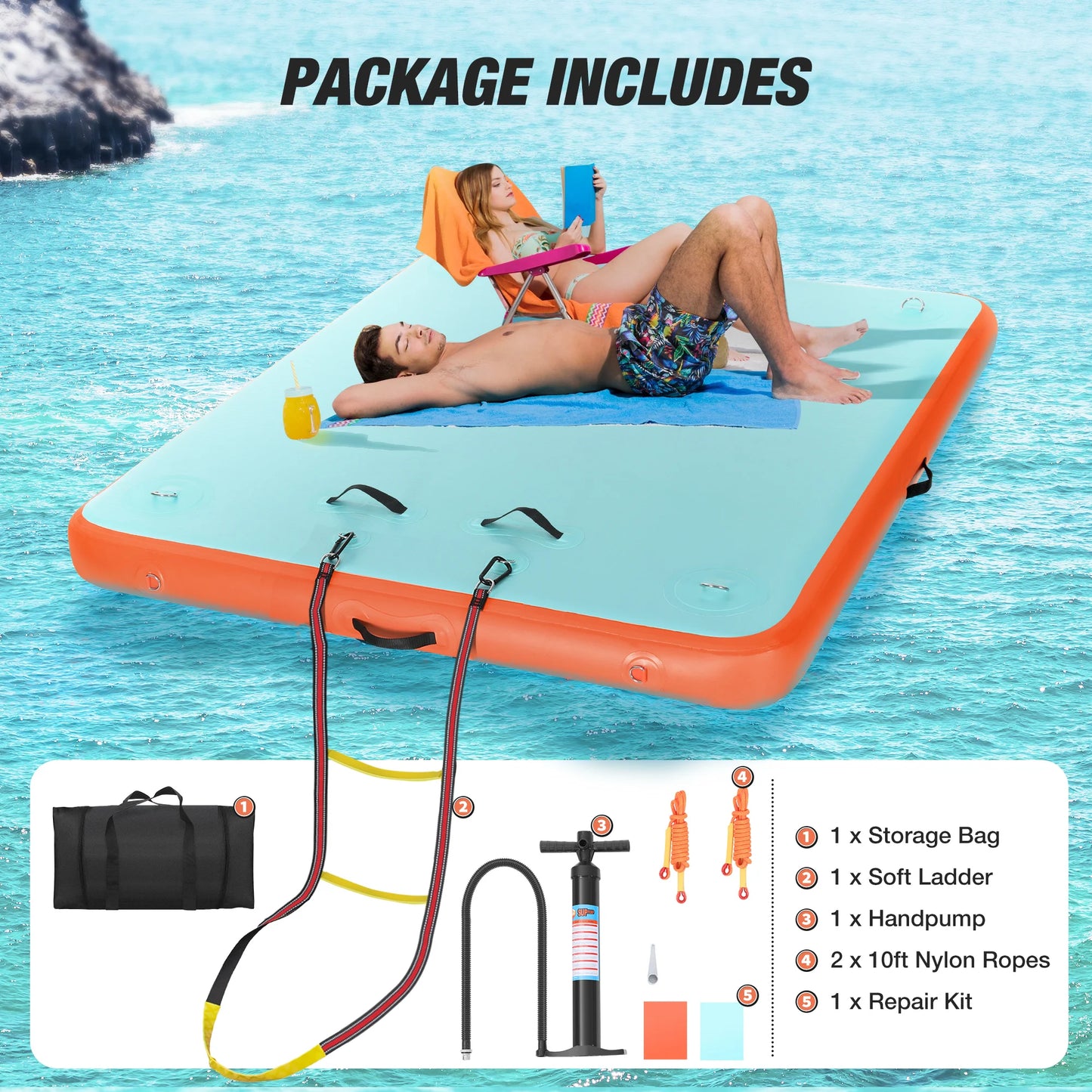 5*6FT/8*6FT/10*6FT Inflatable Floating Dock Air Dock Platform Floating Island Raft with None-Slip Surface for Pool Beach Ocean