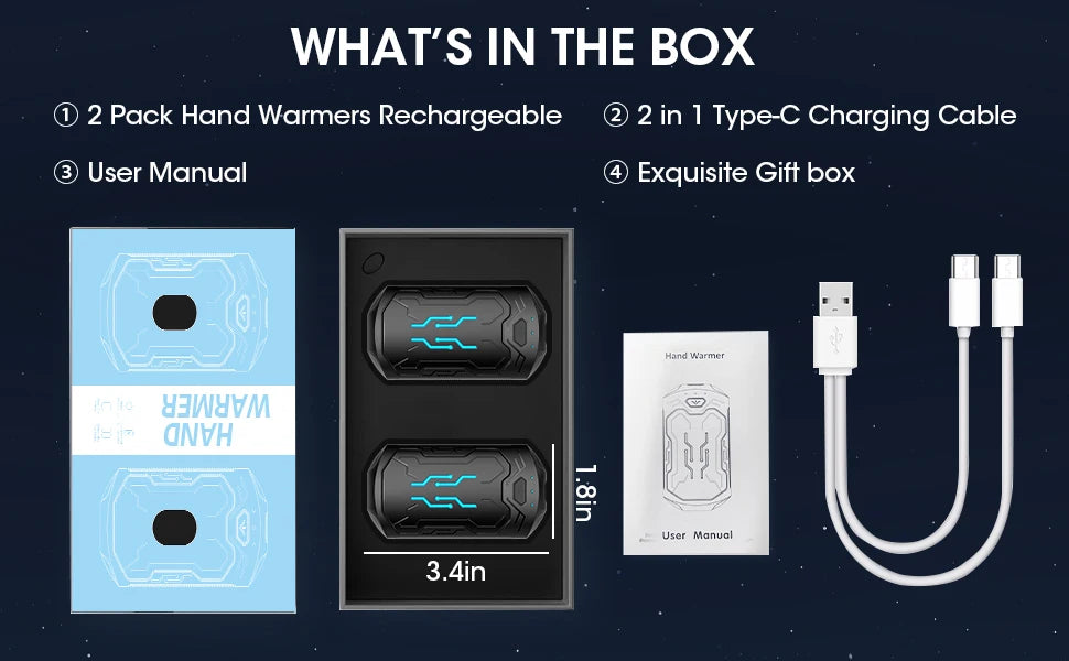 Hand Warmers Rechargeable 2 Pack 20Hrs Long Heating Pocket Size Electric Handwarmers, Christmas Portable USB Hand Warmer Heater
