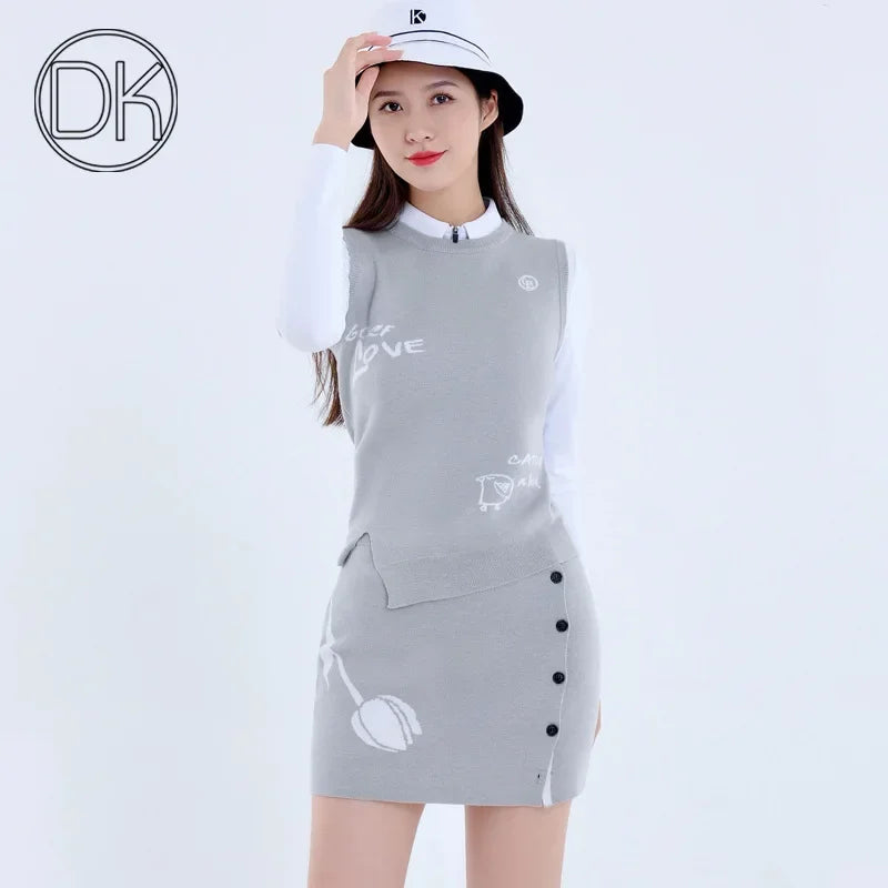 DK Golf Apparel Women's Autumn Winter Knitted Vest Round Neck Sweater Tops Ladies Slim Split Sports Skirt Warm Pencil Skort Suit