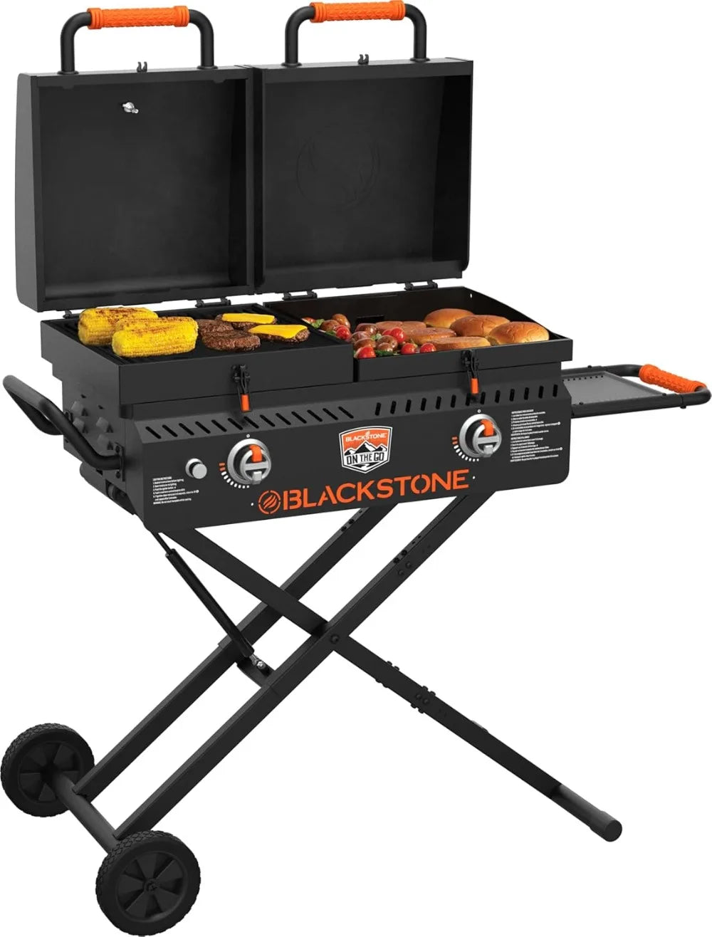 The Go   Combo with Wheels, Legs Hood & Side Shelf - Heavy Duty Flat Top Portable BBQ Griddle Grill Station for Kitchen, Camping