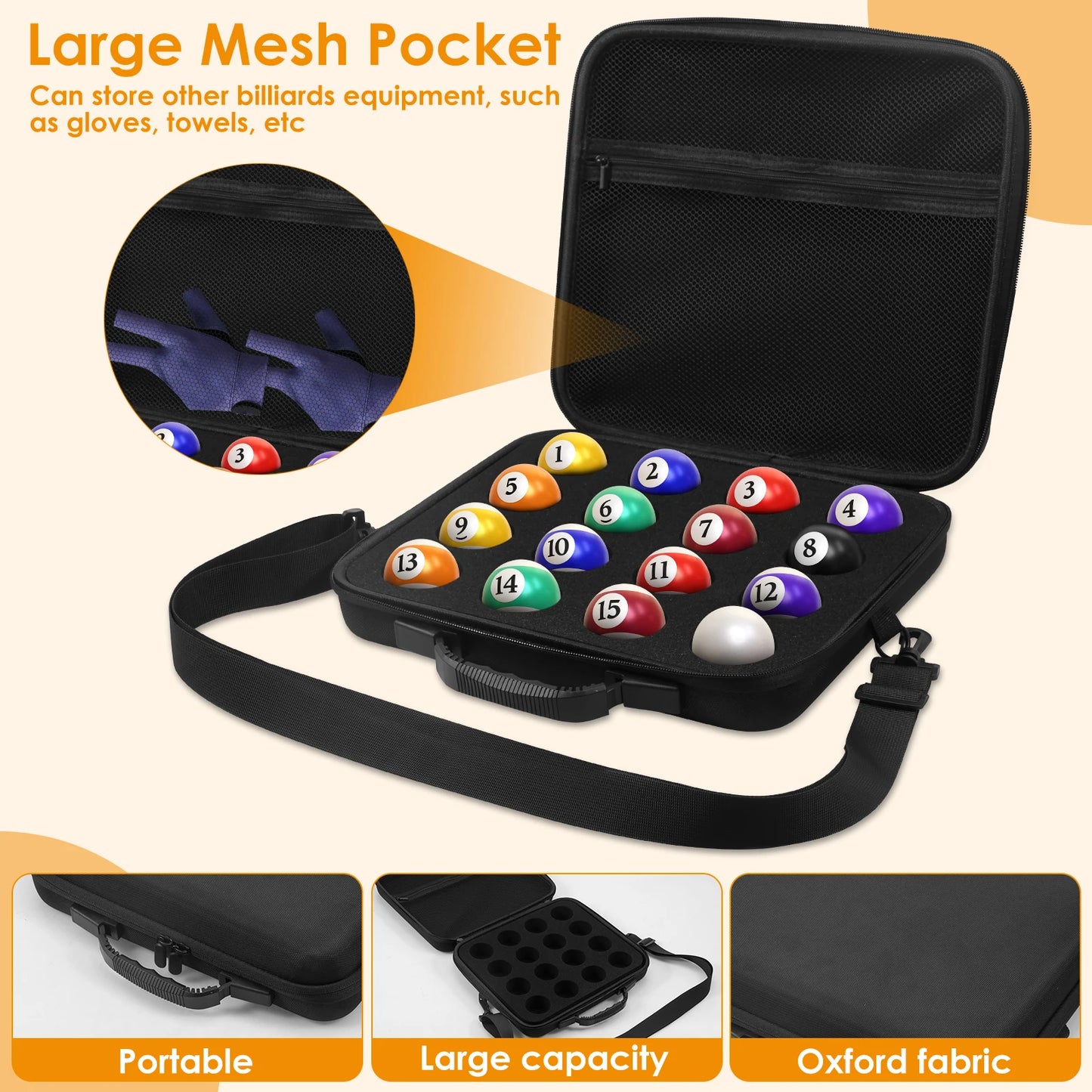 6/12/32 Holes Billiard Balls Storage Case with Shoulder Strap handle Portable Yoyo Ball Pool Ball Carry Case with Mesh Pocket
