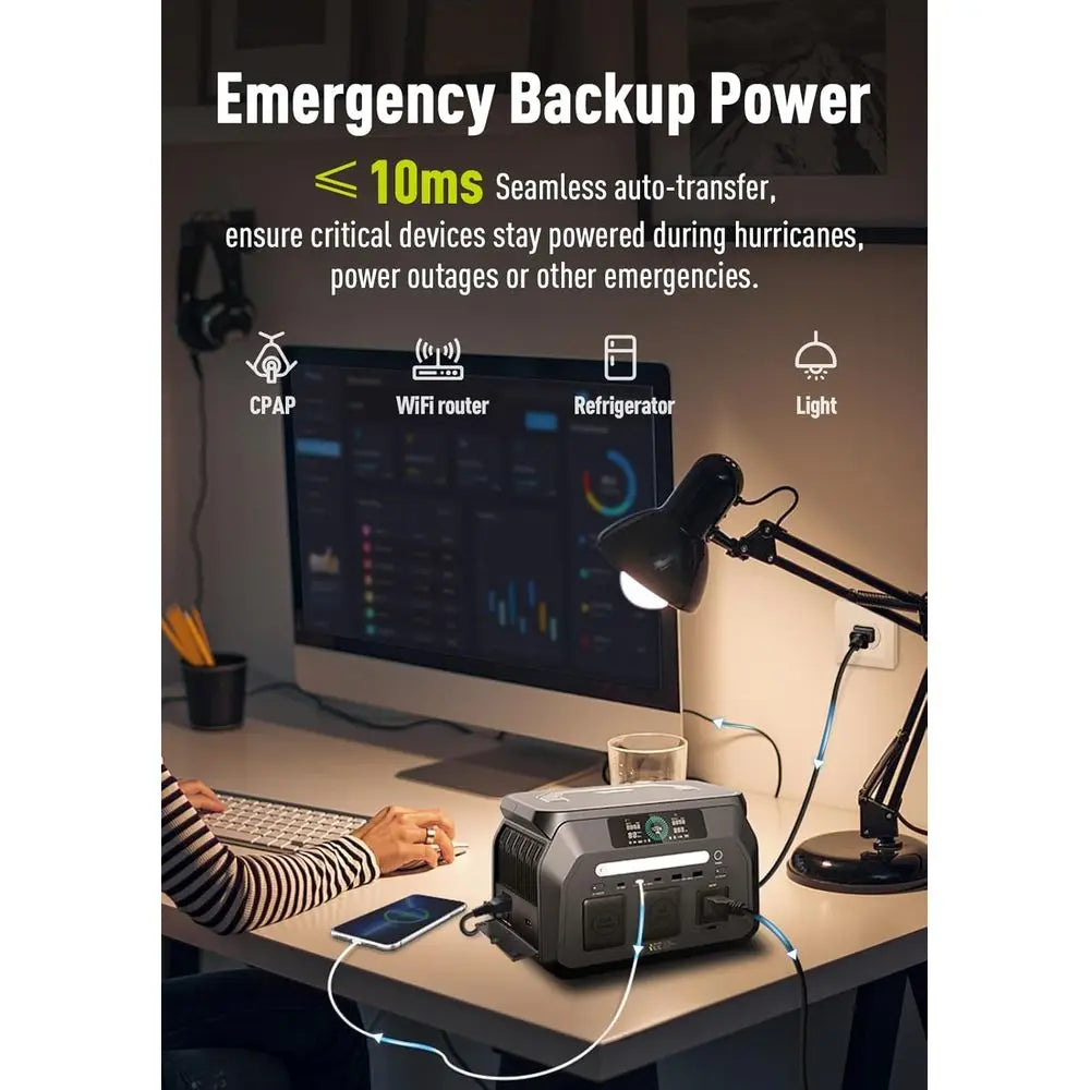Portable 800W Power Station with 512Wh LiFePO4 Battery, 1-Hour Fast Charge, Ideal for Home, Camping & Emergency Use