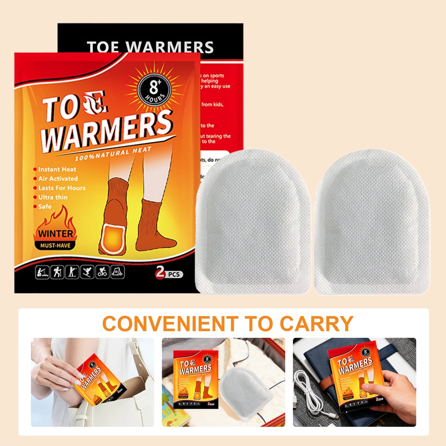 20 Pair Disposable Feet Warmers Up To 8 Hours of Heat Heat Pack Easily Apply with Adhesive for Outdoor Work Sports Activities