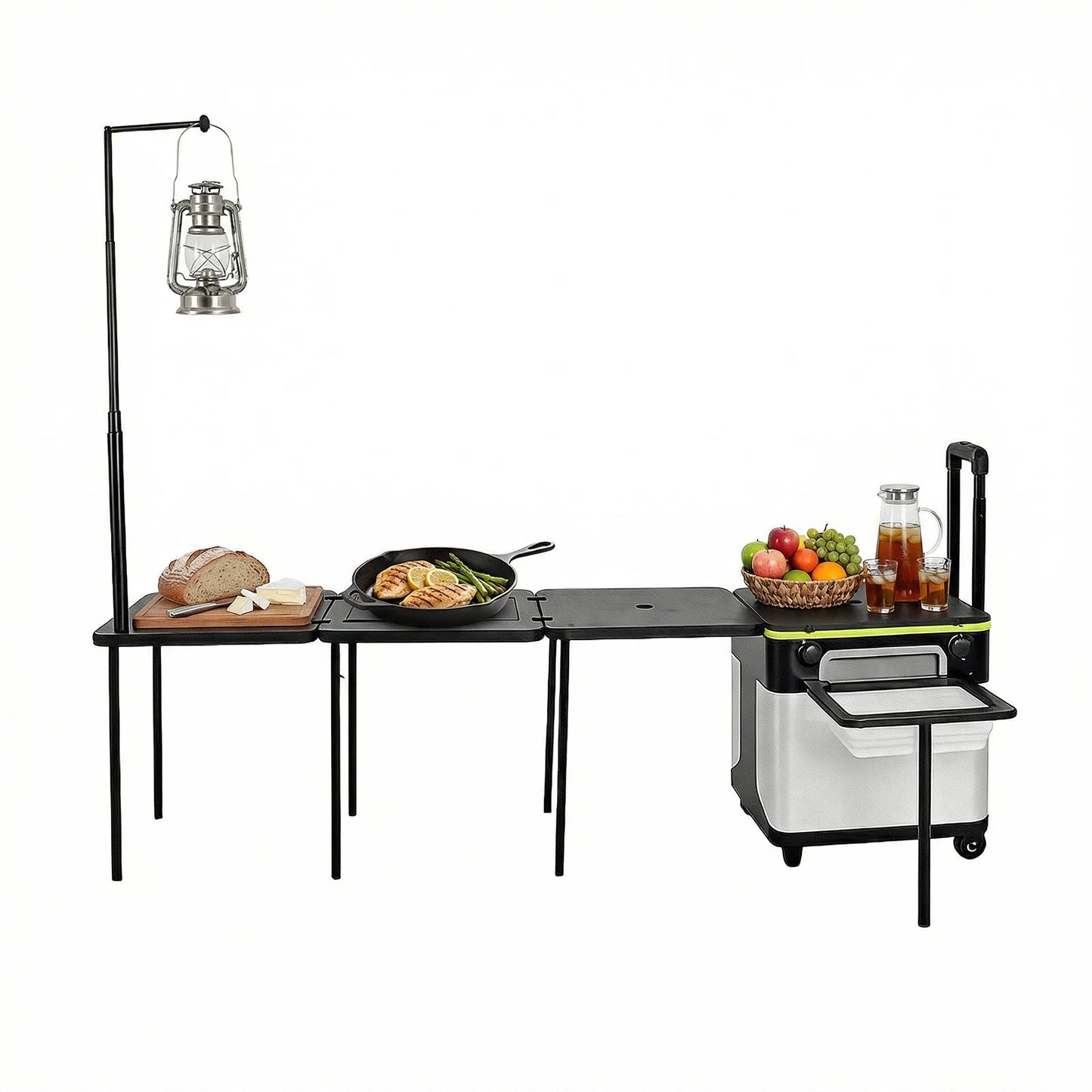 Multifunctional Outdoor Side Table with Wheels Folding Grill Table with Light Poles for Picnic Party Beach BBQ Cooking Indoor