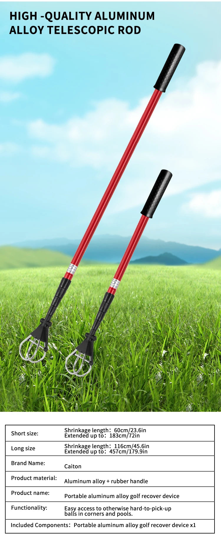 6FT/15FT Golf Ball Retriever, Telescopic Aluminum Pole, Durable and Lightweight, Easy to Use, Ideal for Quick Ball Retrieval