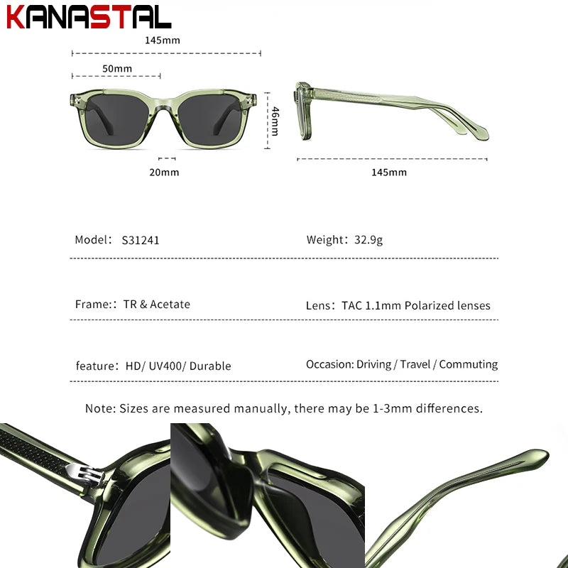 Men Polarized Sunglasses UV400 Square Acetate Eyeglasses Frames Anti Glare Goggles Fishing Cycling Hiking Golf Camping Sports
