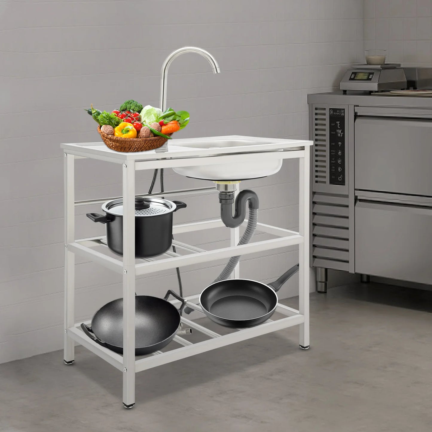Outdoor Stainless Steel Sink Freestanding Portable Kitchen Sink with Faucet and Storage Rack for Backyard Balcony Camping RV