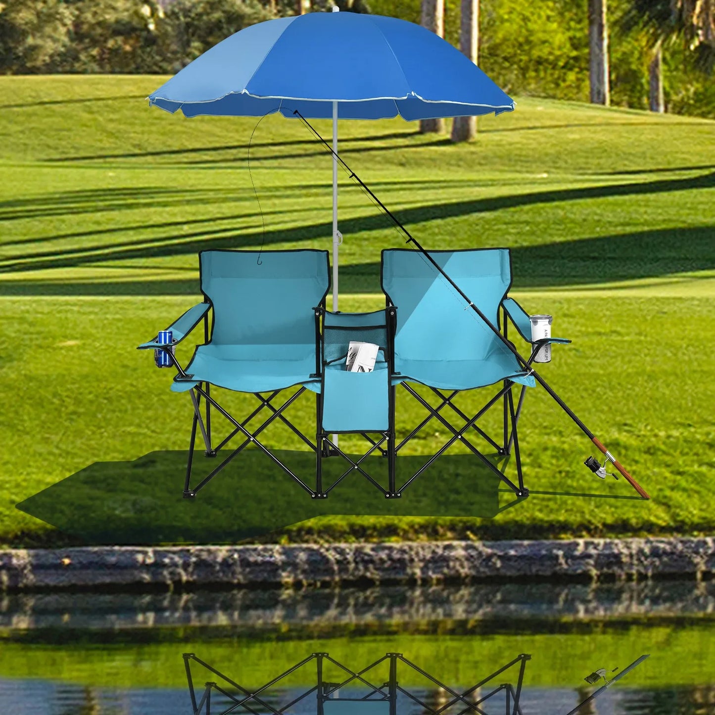 Folding Portable Picnic Double Chair W/Umbrella Table Cooler Beach Camping
