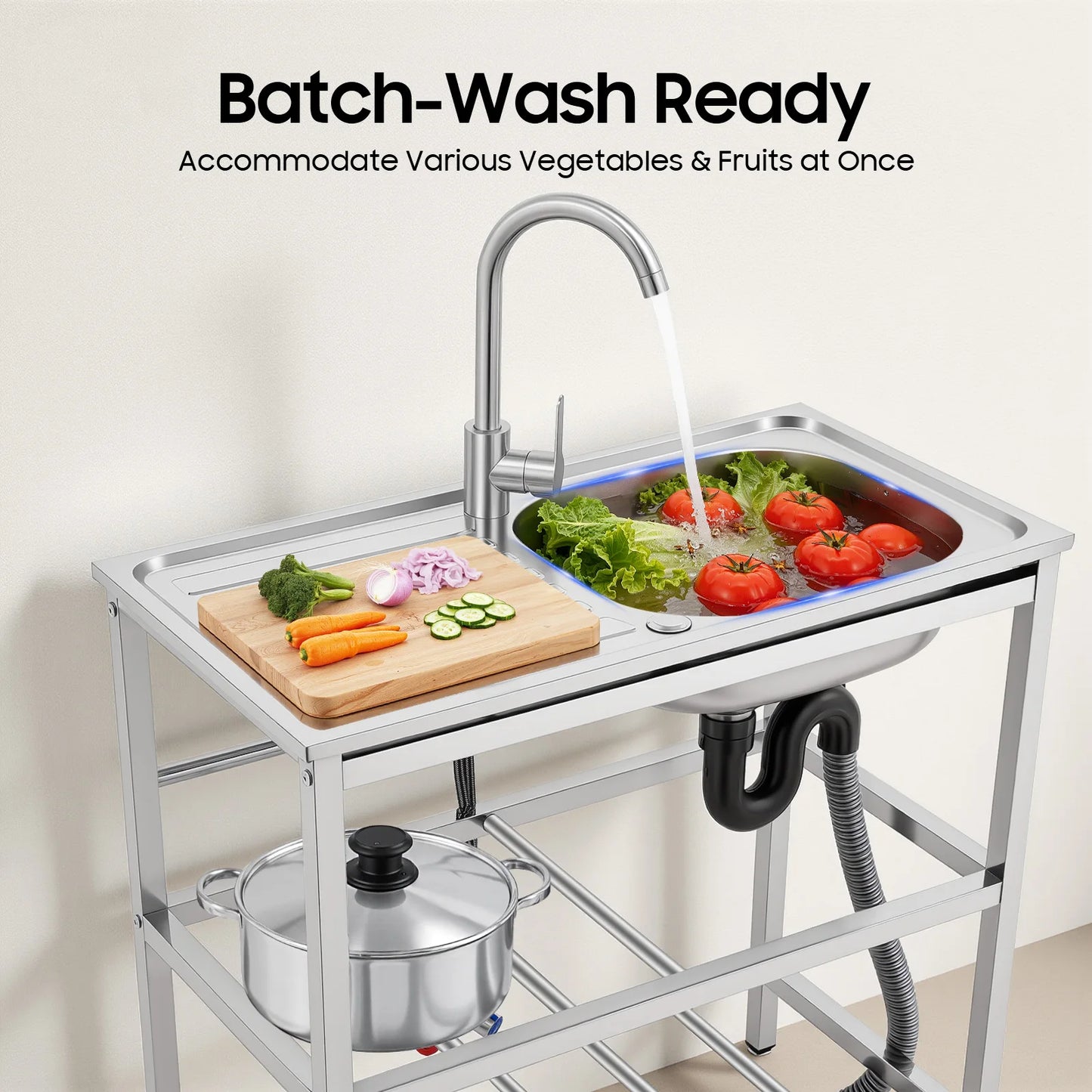 Outdoor Stainless Steel Sink Freestanding Portable Kitchen Sink with Faucet and Storage Rack for Backyard Balcony Camping RV