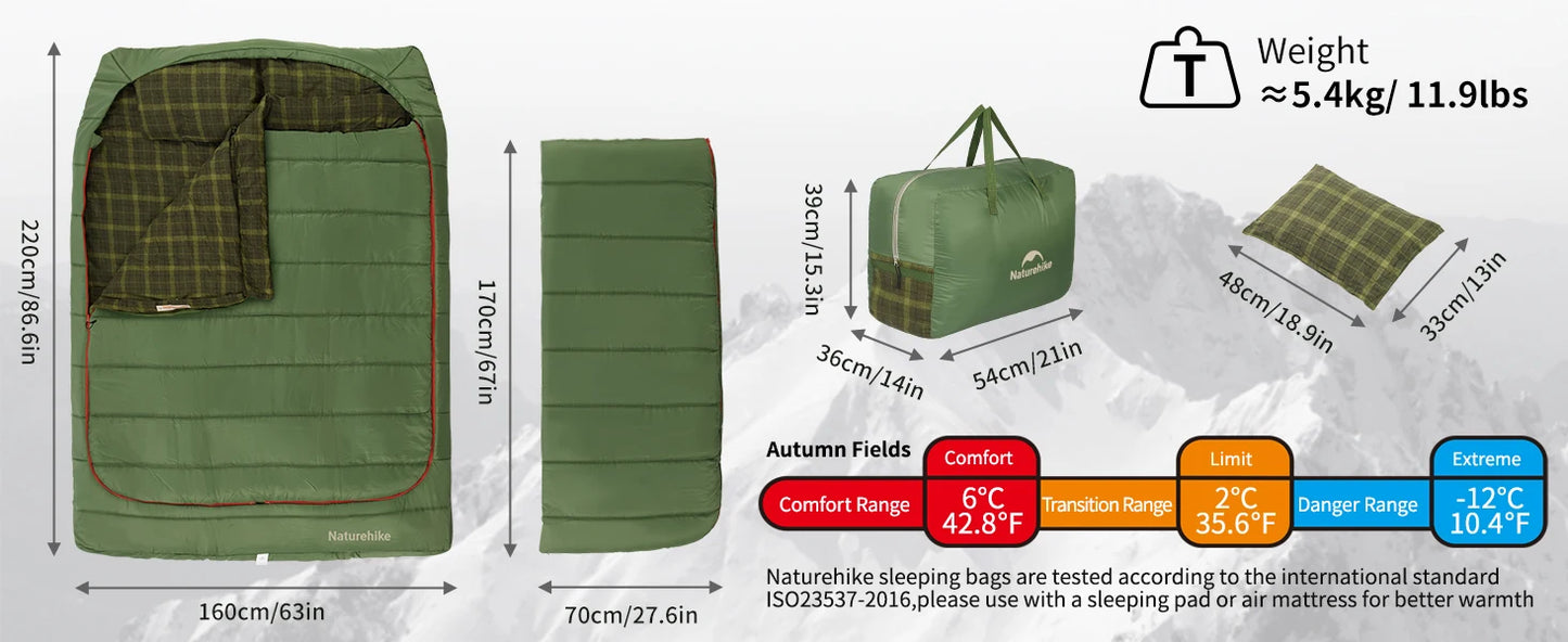 Naturehike Flannel Two Person Sleeping Bag with Pillows Portable Camping Sleeping Bag Cold Weather Keep Warm for Two Adults