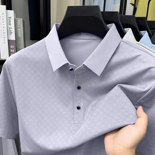 2026 Summer Old Money Style Men Polo Tee Subtle Linear Pattern Cool Touch Anti-Wrinkle Daily Golf Casual Short Sleeve Polo Shirt