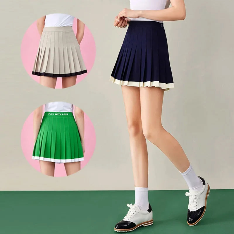 Love Golf Women Patchwork Golf Pleated Skirt Lady Anti-exposure Elastic Culottes A-line Slim Panskirts with Inner Shorts