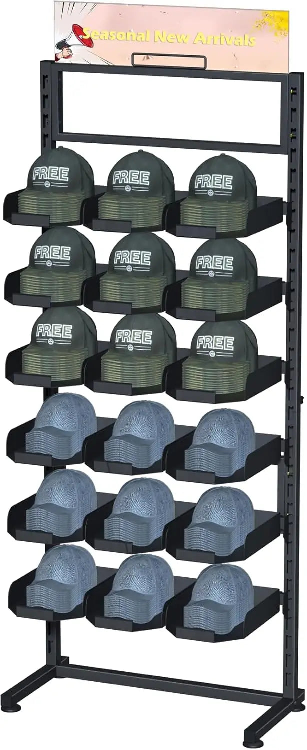 6 Tier Adjustable Ball Cap Storage Organizer With 18 Plate Tray for 180 Baseball Hat, Commercial Home Use, Black Metal