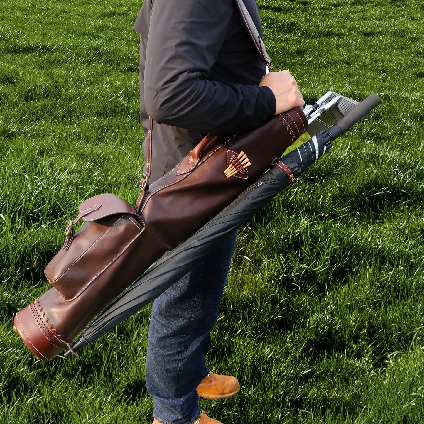 Tourbon Microfiber Leather Golf Club Carry Bag Vintage Pencil Style Sunday Bag for Driving Range Outdoor Brown