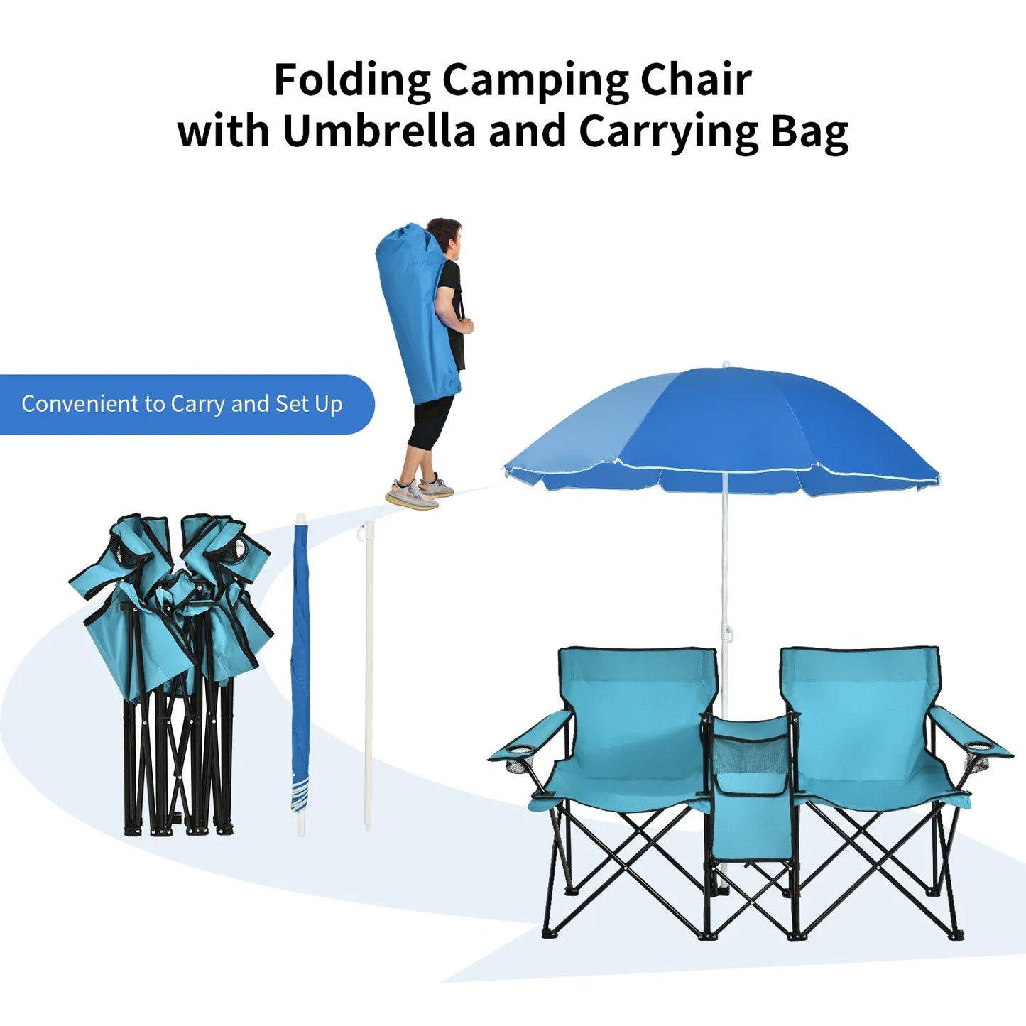 Folding Portable Picnic Double Chair W/Umbrella Table Cooler Beach Camping