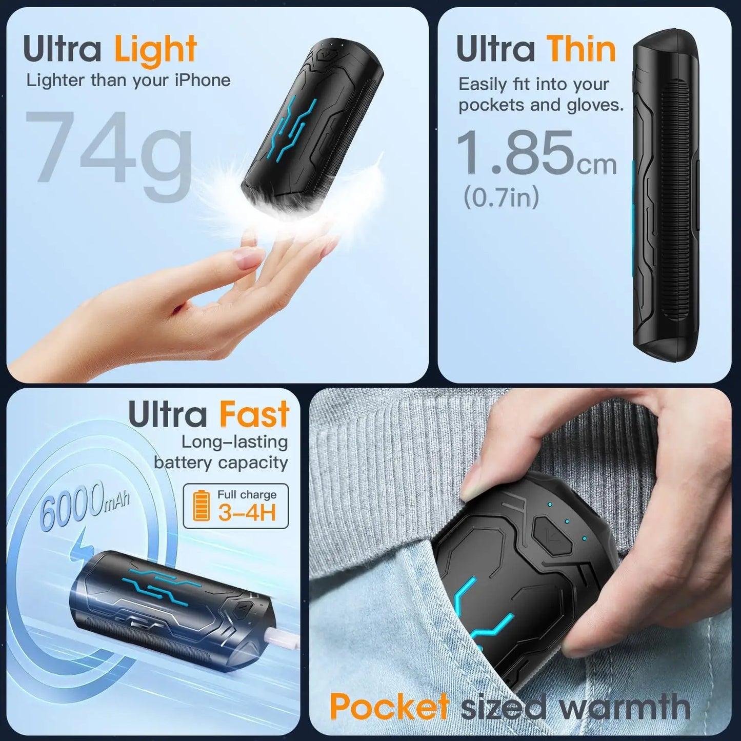 Hand Warmers Rechargeable 2 Pack 20Hrs Long Heating Pocket Size Electric Handwarmers, Christmas Portable USB Hand Warmer Heater