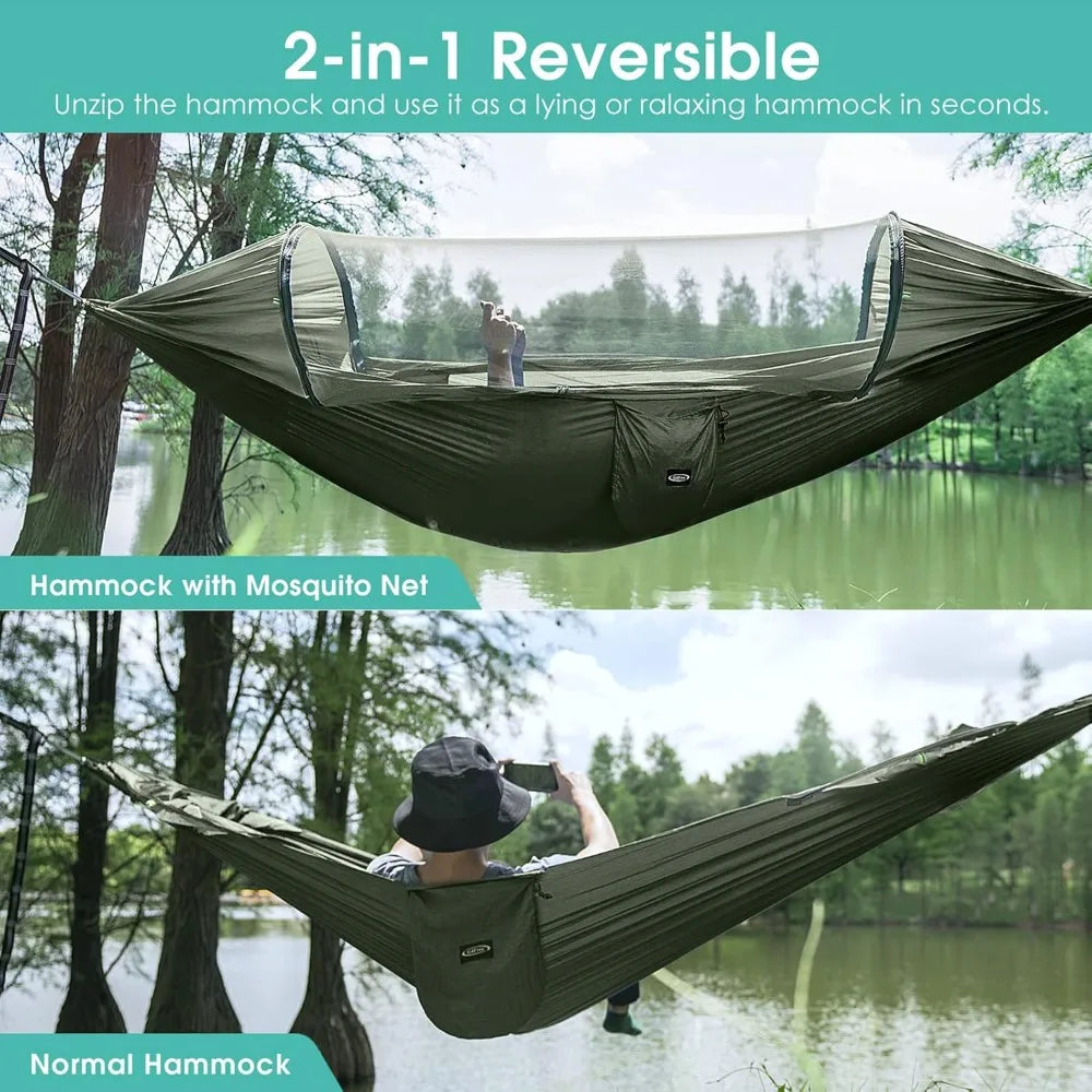 G4Free Large Camping Hammock with Mosquito Net 2 Person Pop-up Parachute Lightweight Hanging Hammocks Tree Straps Swing Bed for