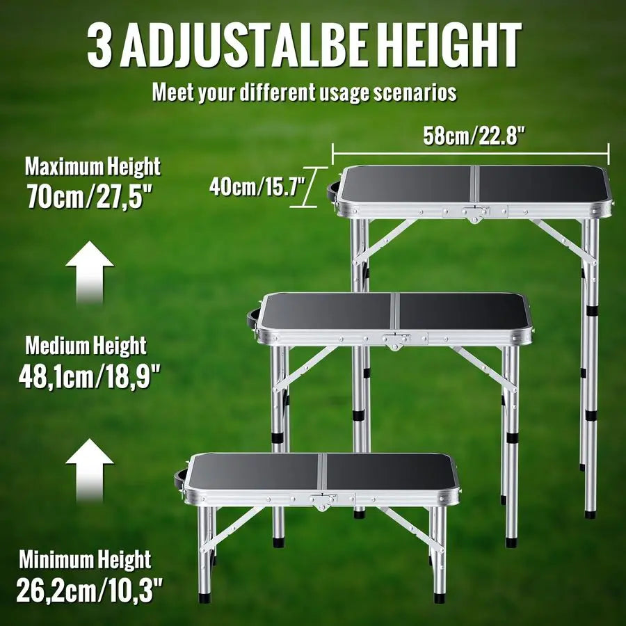 2ft Folding Camping Table, Portable Folding Picnic Table with 3Height Adjustable, Lightweight Aluminum Outdoor Tables for BBQ, C