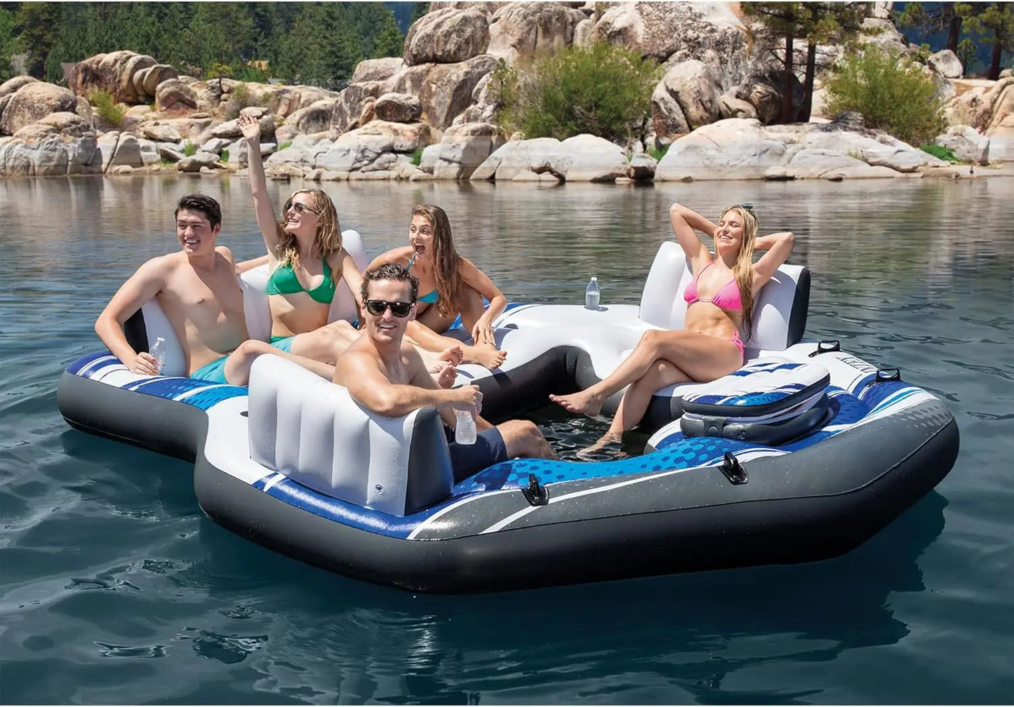 5-Person Inflatable Raft with Backrests, Cooler & Cup Holders for Pool or Lake Relaxation
