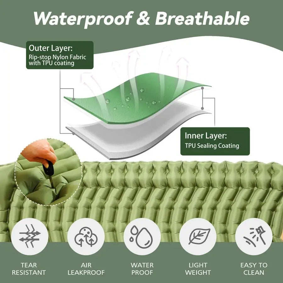 Sleeping Pad for Camping Ultralight Camping Mattress with Pillow, Builtin Foot Pump, Compact Inflatable 2Person Portable Mat for
