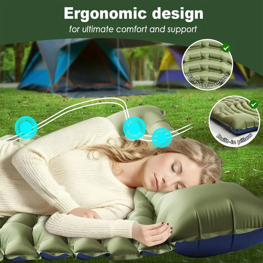Sleeping Pad for Camping Ultralight Camping Mattress with Pillow, Builtin Foot Pump, Compact Inflatable 2Person Portable Mat for