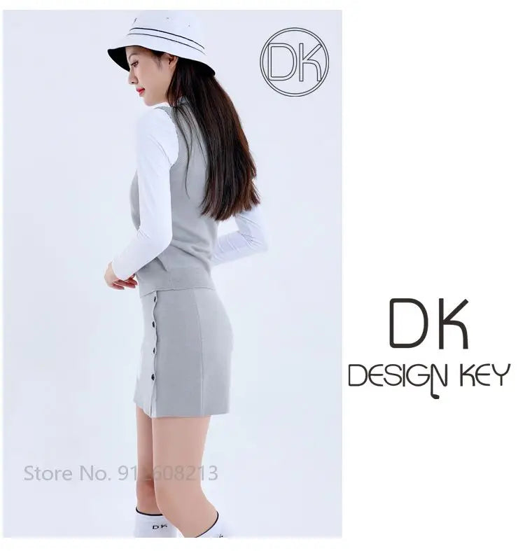 DK Golf Apparel Women's Autumn Winter Knitted Vest Round Neck Sweater Tops Ladies Slim Split Sports Skirt Warm Pencil Skort Suit