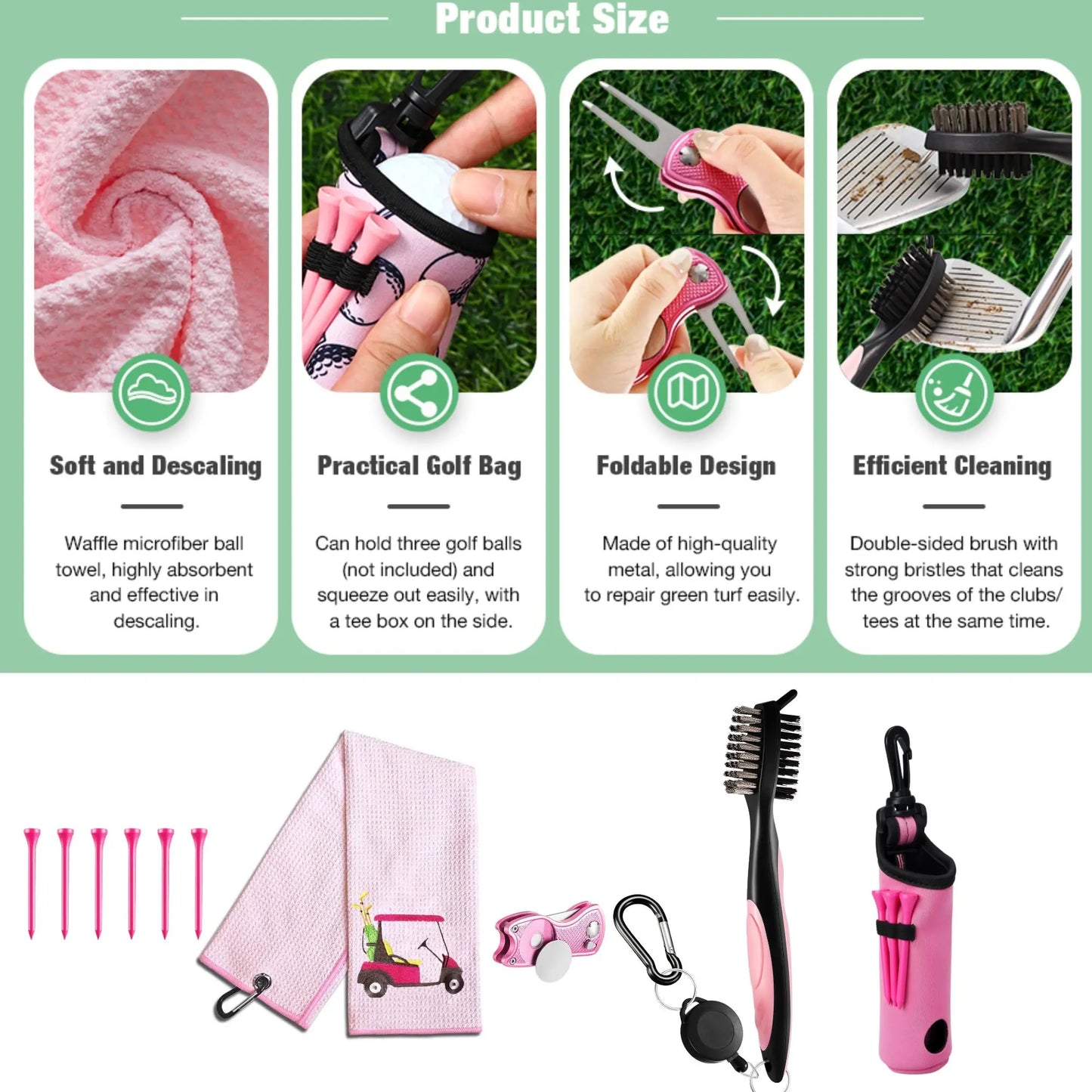 10 Pcs Golf Accessories Kit, Include Golf Ball Bag with Hook Towel Tees Magnetic Ball Marker Divot Tool Cleaner Brush for Women
