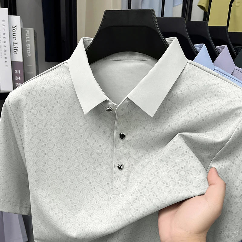 2026 Summer Old Money Style Men Polo Tee Subtle Linear Pattern Cool Touch Anti-Wrinkle Daily Golf Casual Short Sleeve Polo Shirt