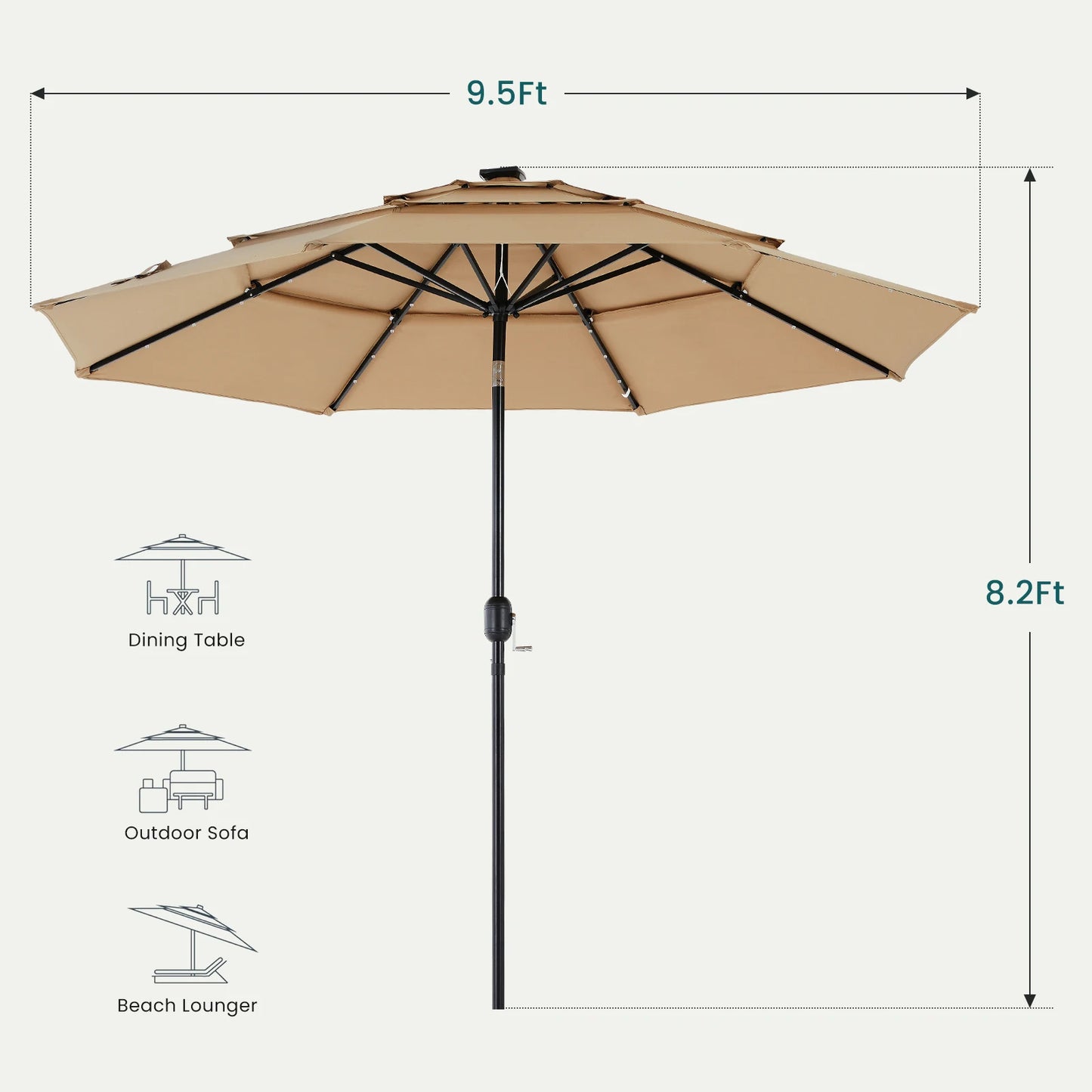 JHK 10FT 3-Tier Patio Outdoor Umbrella with Solar 32 LED Lights Tilting Table Umbrella with 8 Sturdy Ribs for Garden Backyard