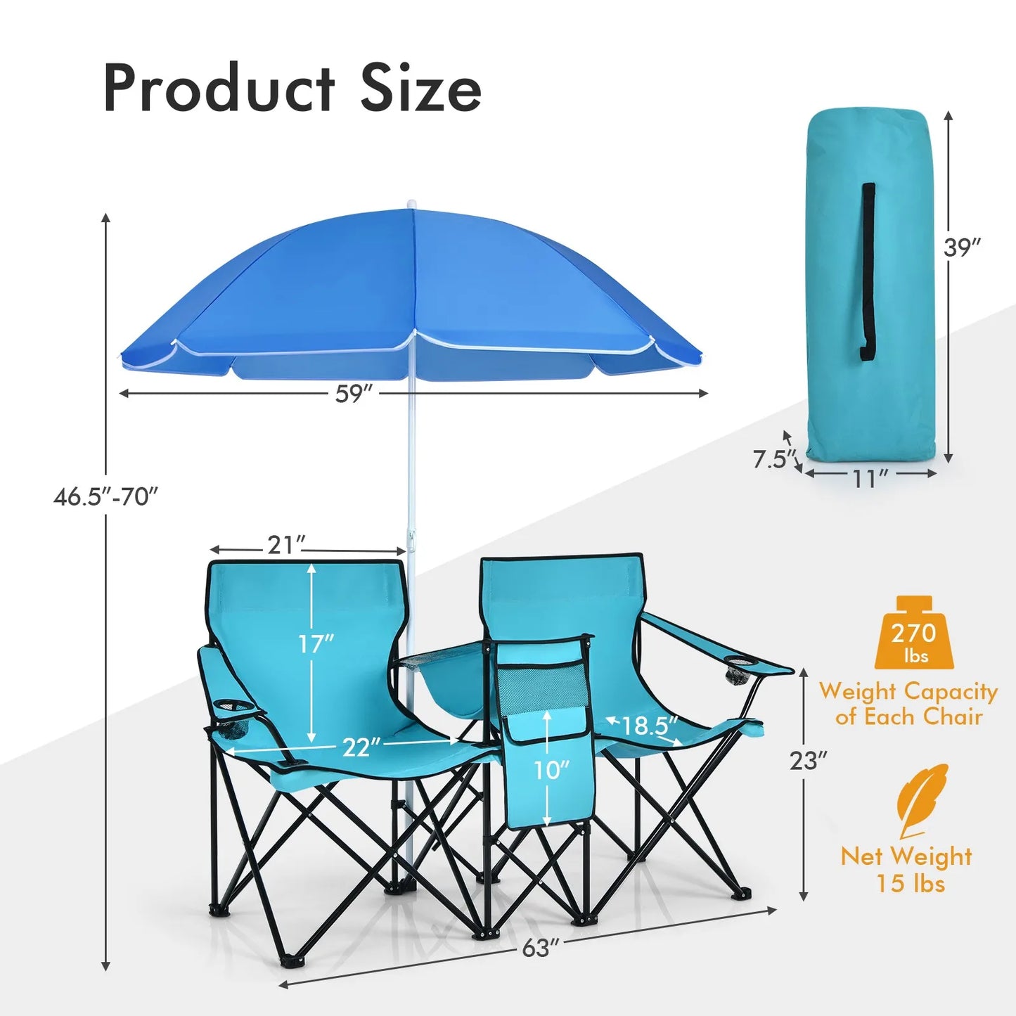 Folding Portable Picnic Double Chair W/Umbrella Table Cooler Beach Camping