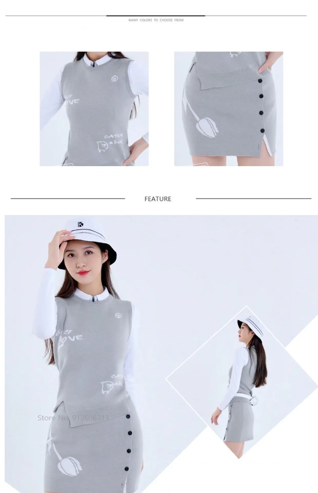 DK Golf Apparel Women's Autumn Winter Knitted Vest Round Neck Sweater Tops Ladies Slim Split Sports Skirt Warm Pencil Skort Suit