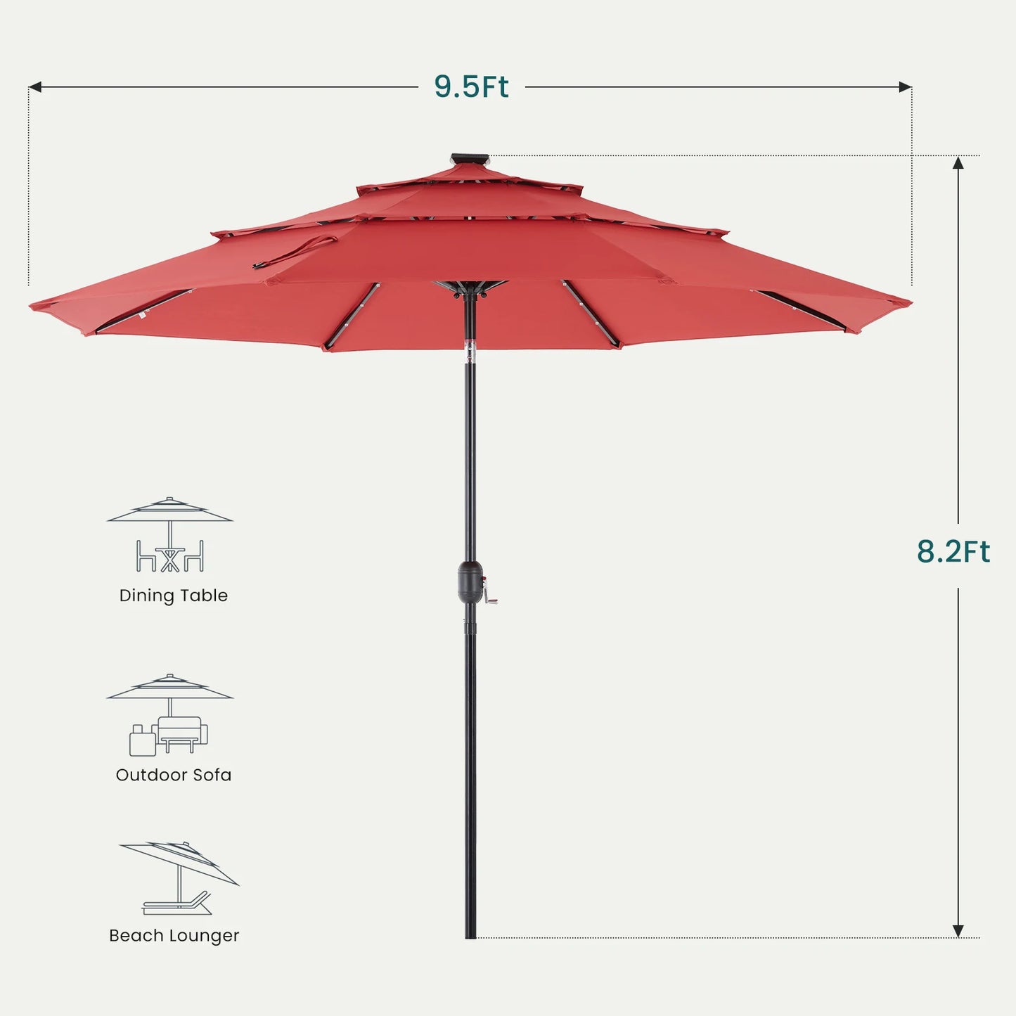 JHK 10FT 3-Tier Patio Outdoor Umbrella with Solar 32 LED Lights Tilting Table Umbrella with 8 Sturdy Ribs for Garden Backyard