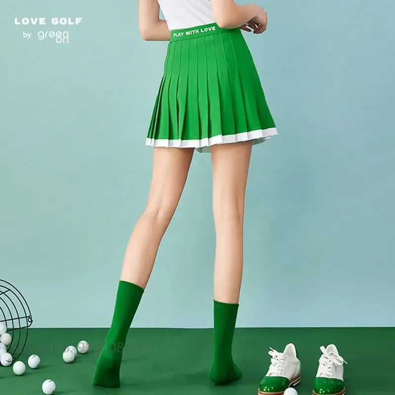 Love Golf Women Patchwork Golf Pleated Skirt Lady Anti-exposure Elastic Culottes A-line Slim Panskirts with Inner Shorts
