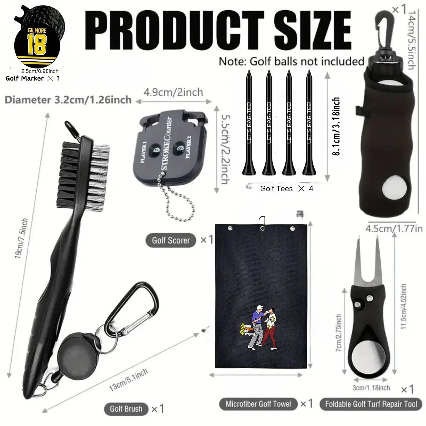 7pcs Men's Golf Accessories Kit - Complete All-in-One , Scorekeeper, Divot Tool, Golf Marker, Cleaning Brush, Tees & Towel