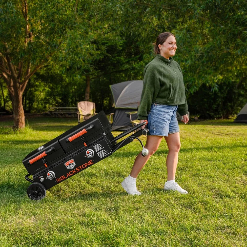 The Go   Combo with Wheels, Legs Hood & Side Shelf - Heavy Duty Flat Top Portable BBQ Griddle Grill Station for Kitchen, Camping