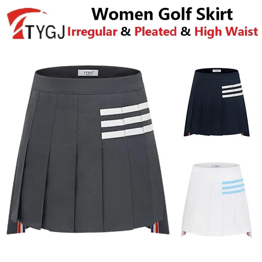 TTYGJ Ladies High Waist A-line Golf Skirt Women Irregular Pleated Sport Skorts Girls Slim Anti-exposure Pantskirts Golf Wear