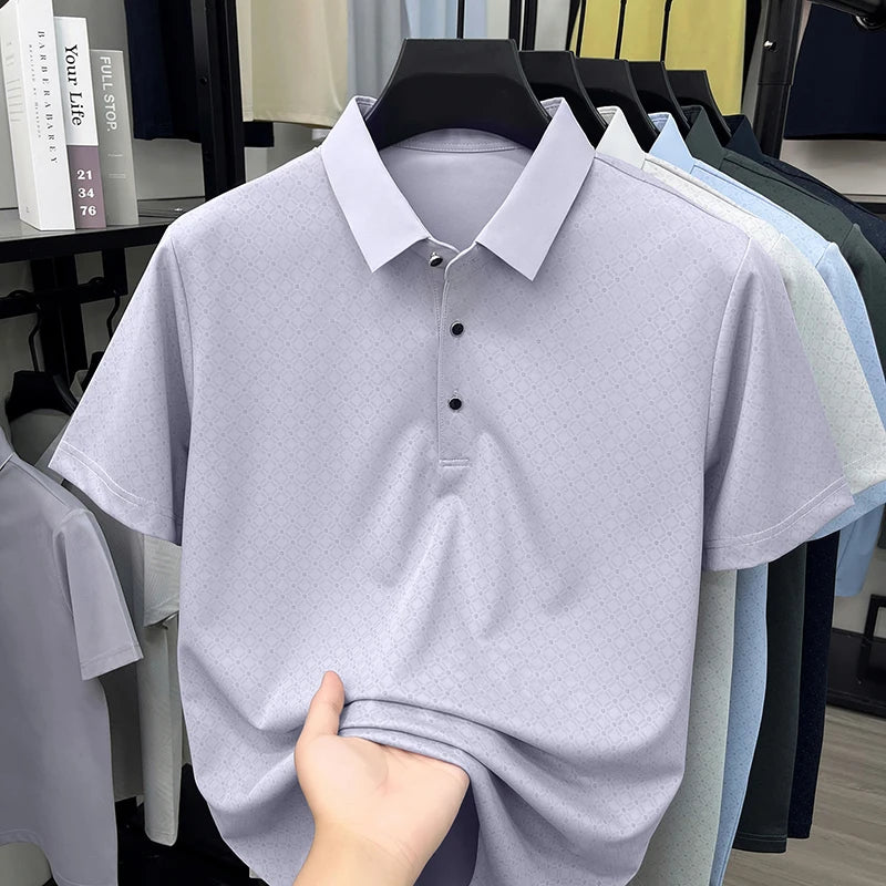 2026 Summer Old Money Style Men Polo Tee Subtle Linear Pattern Cool Touch Anti-Wrinkle Daily Golf Casual Short Sleeve Polo Shirt